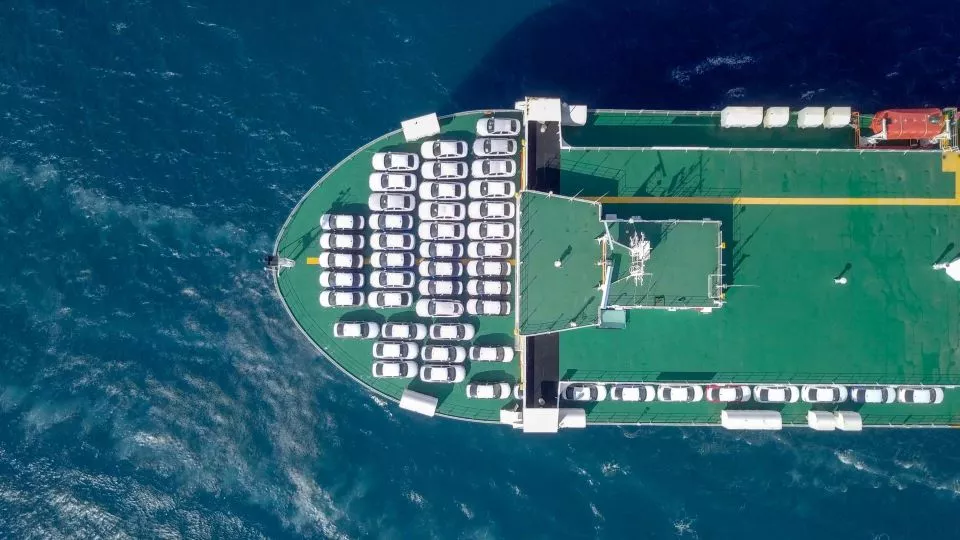 Overhead view of cars on a freight vessel