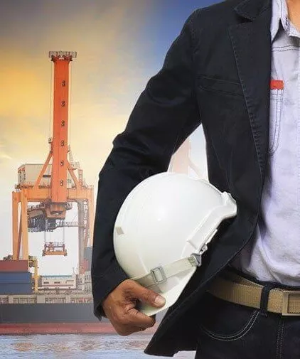 Person with hard hat, airplane and vessel